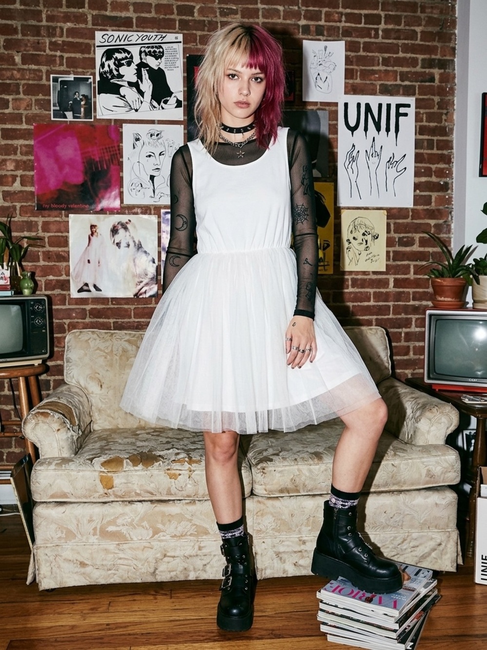 UNIF Size L White Tulle Mesh Layered Babydoll Mini Dress Grunge Fairycore Y2K